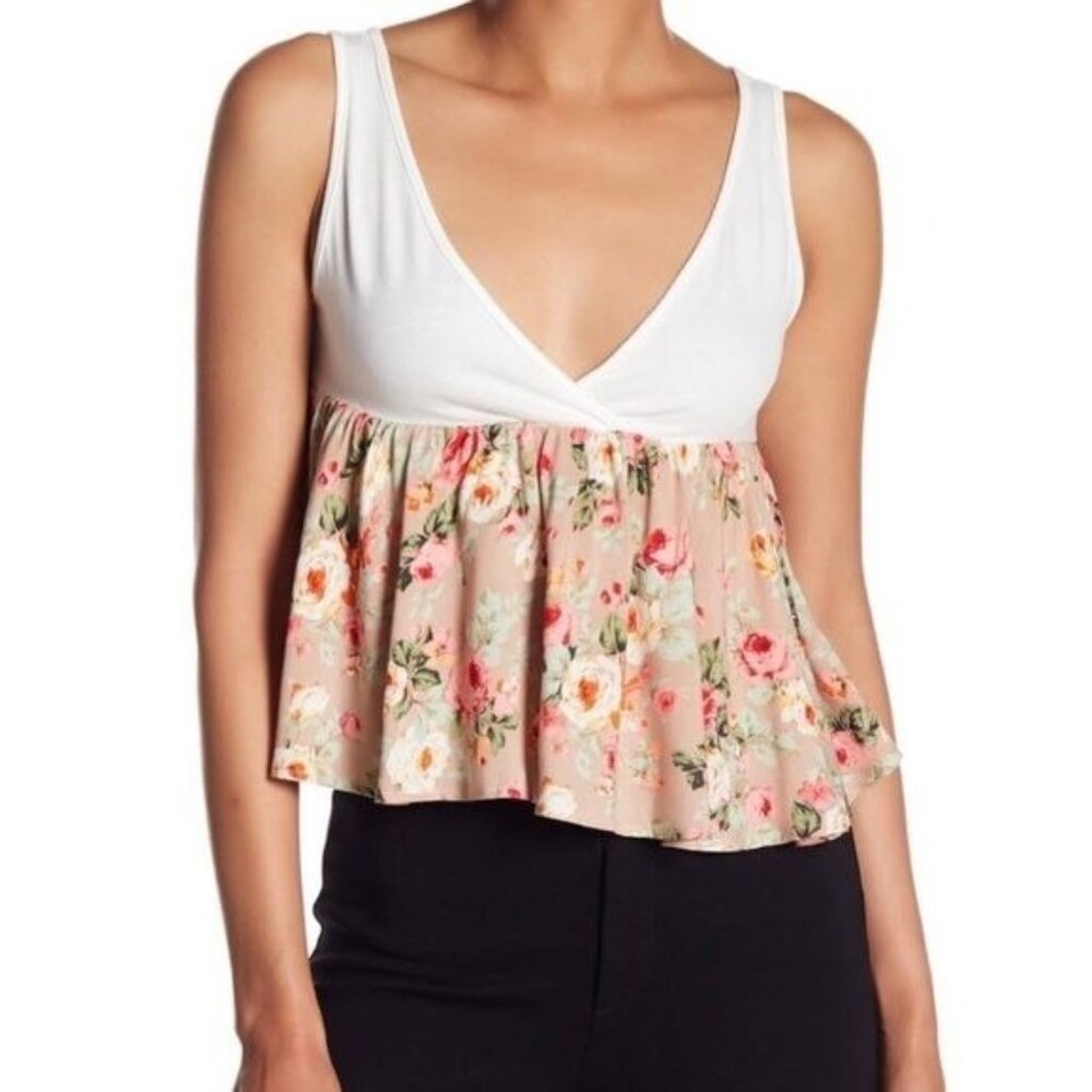 Good Luck Gem White Pink Floral Babydoll Tank Top Size Small NWT